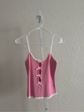 Pink Ribbed Bow-Front Cami with Contrast Trim